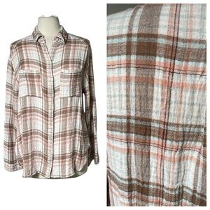 ACE delivery Gauze Plaid Button Front Shirt White Brown Peach SZ L